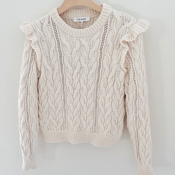 FRAME Sofia Ruffle Cable Knit chunky Sweater off white size Small - Picture 8 of 16